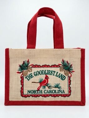 The Goodliest Land North Carolina Jute Tote - Red & Natural Holiday Gift Bag
